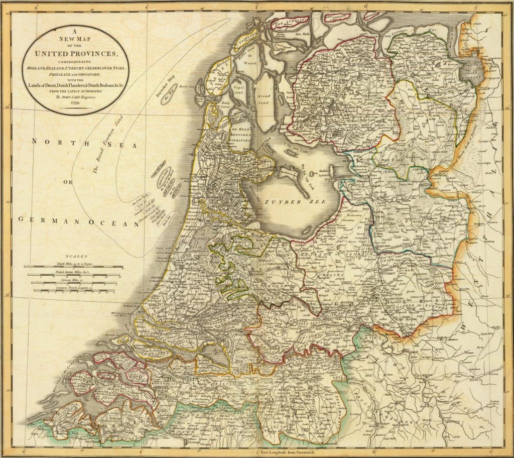 An 18th century map of the United Provinces of the Netherlands by John Cary. The County of Drenthe is highlighted in yellow in the upper right corner.
