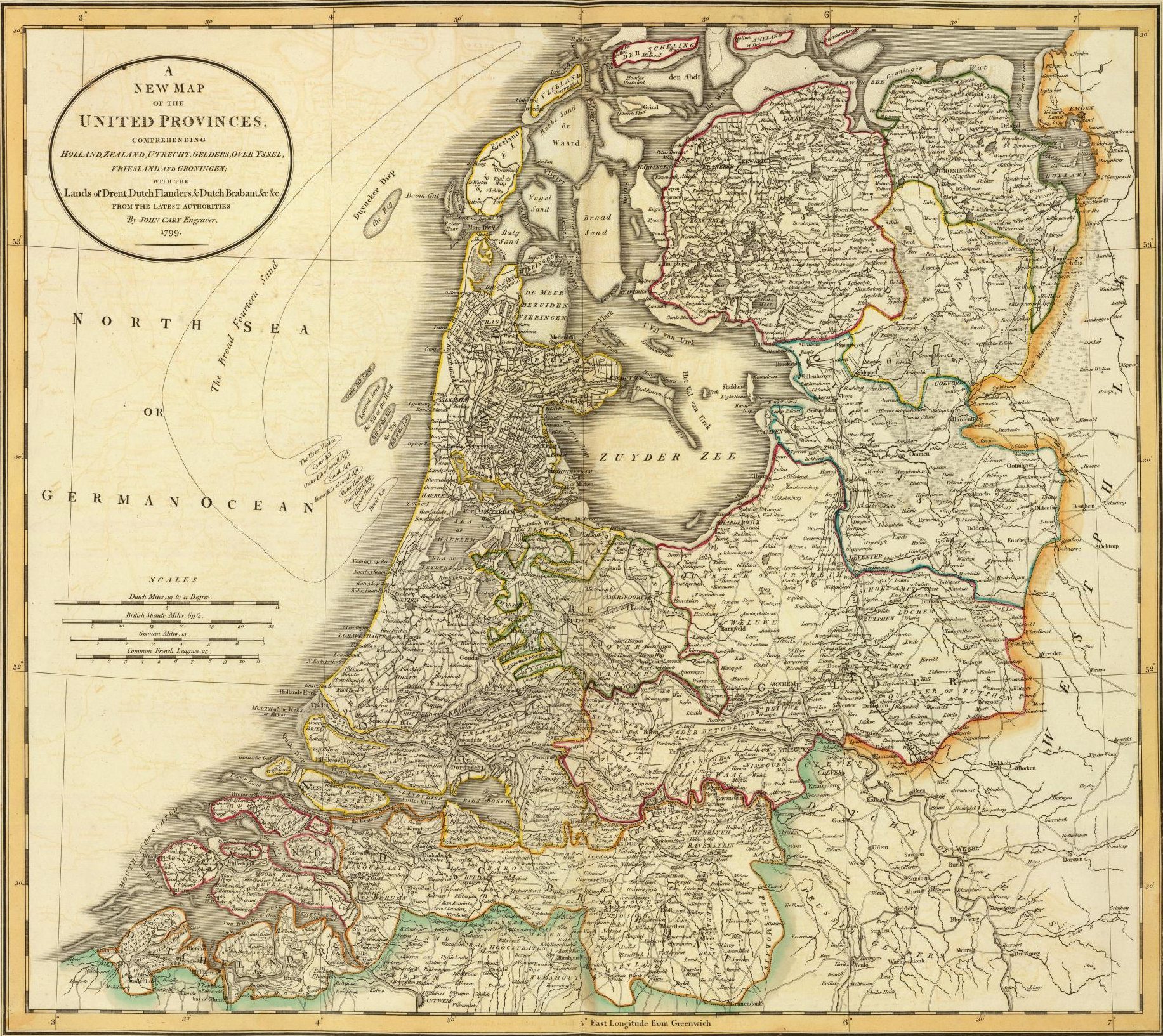 An 18th century map of the United Provinces of the Netherlands by John Cary. The County of Drenthe is highlighted in yellow in the upper right corner.