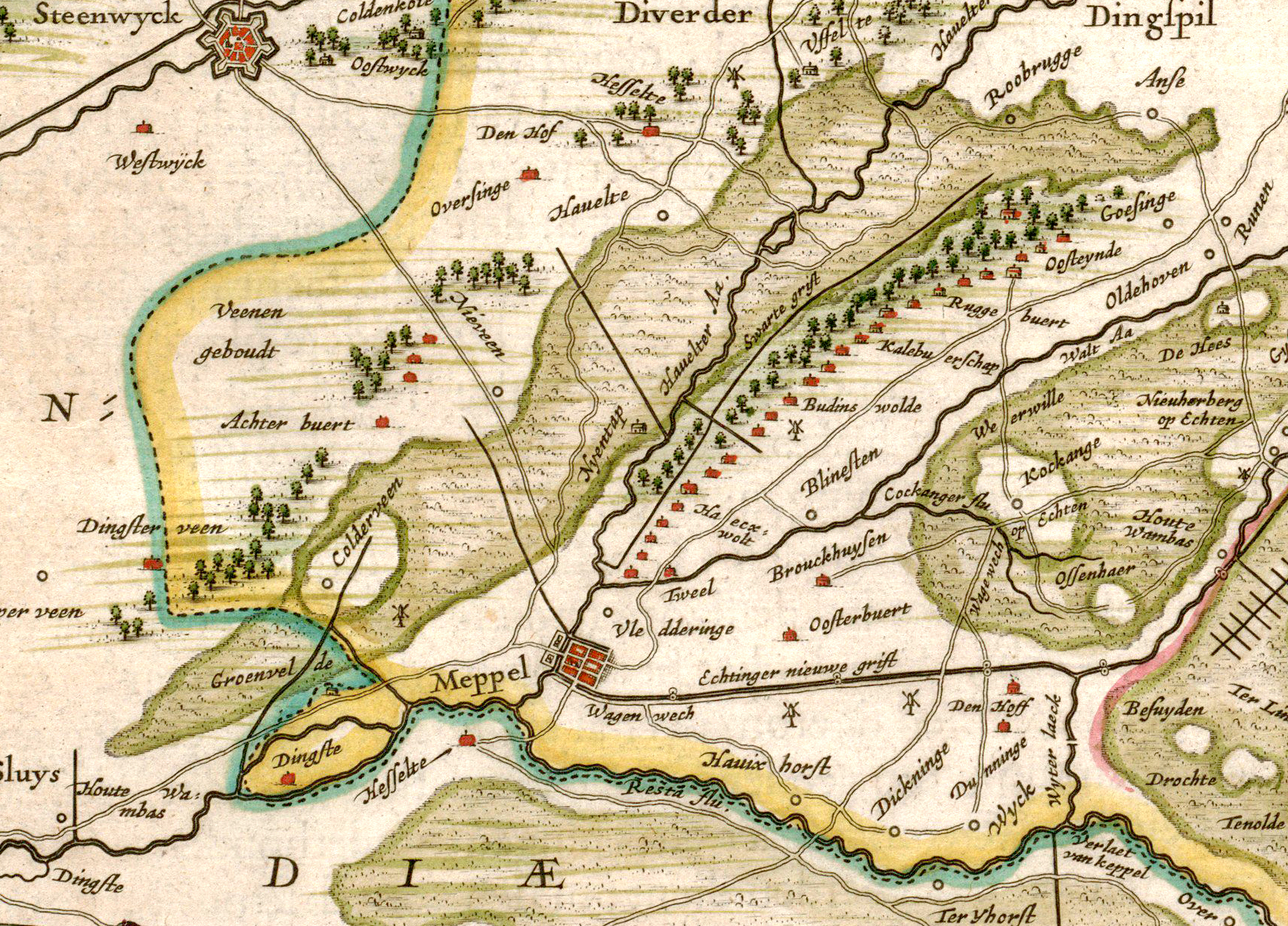 A 1634 map of the County of Drenthe by Cornelis Pynacker, cropped to show Meppel and the surrounding communities.