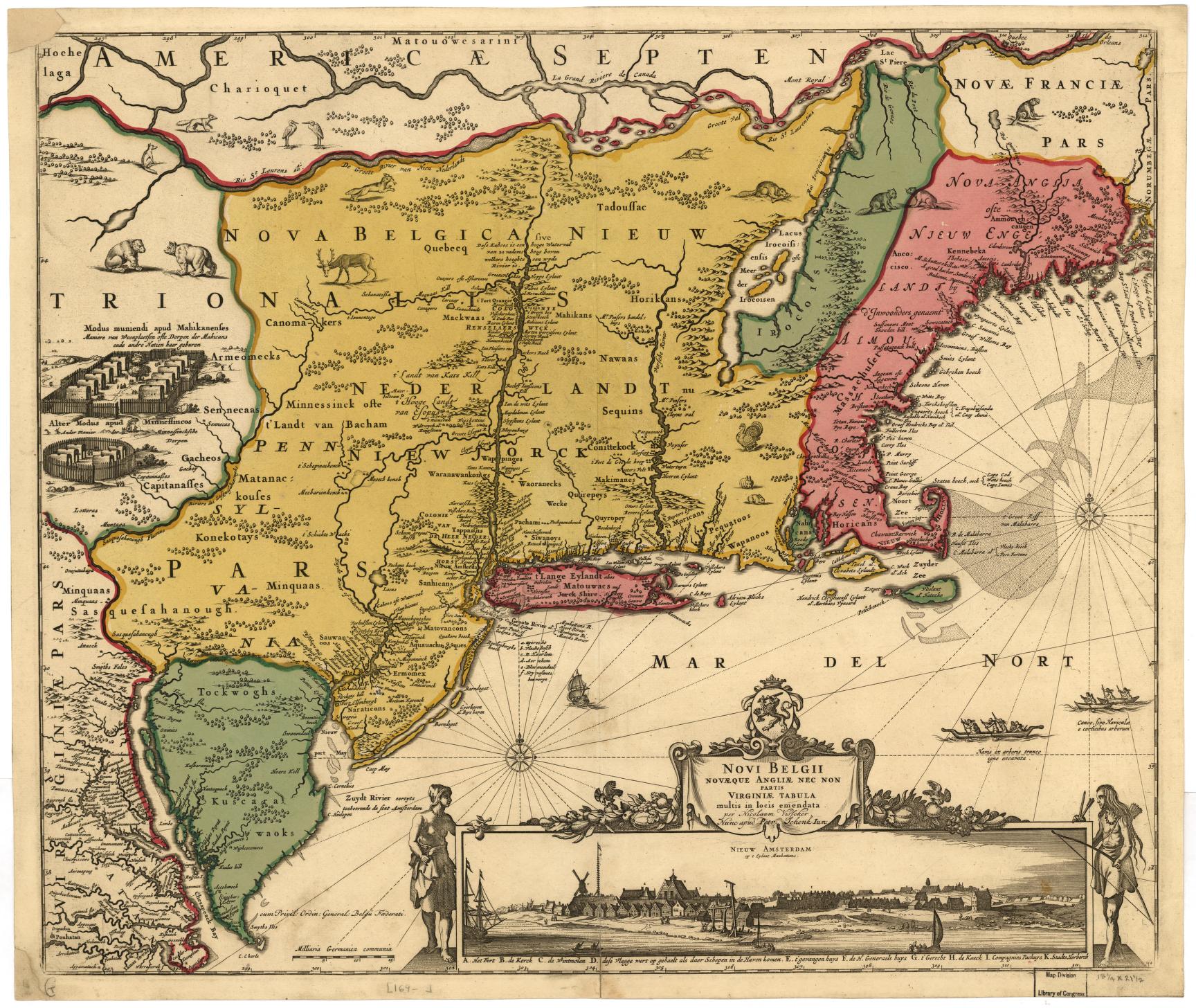 A map of New Netherland by Nicolaes Visscher, titled "Novi Belgii Novaeque Angliae: nec non partis Virginiae tabula multis in locis emendata."