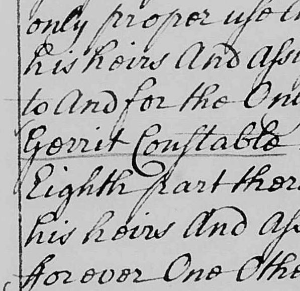 Gerrit Constable's name written in an Ulster County land record in 1720.